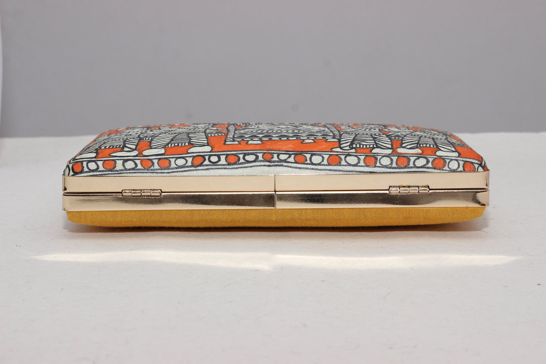 Artisanal Orange Bride in Palanquin Multicolor Madhubani Handpainted Clutch