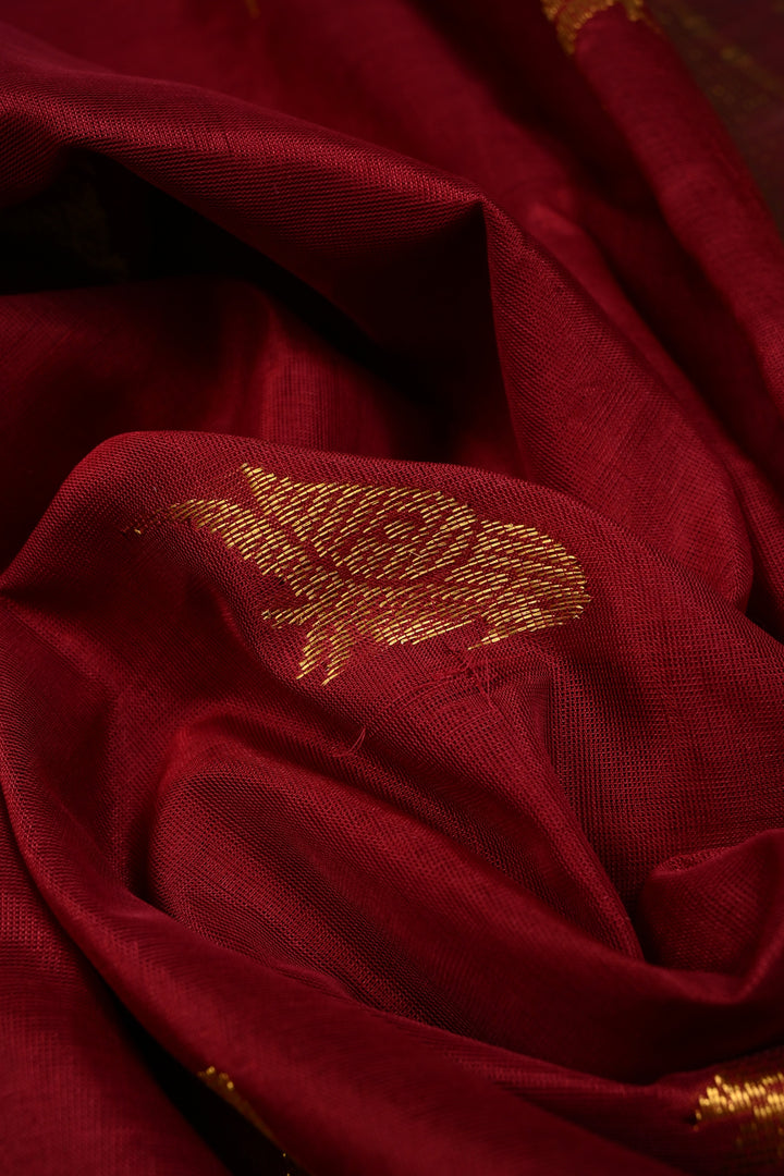 Burgundy Kanchi Silk Cotton 100% Handloom Saree with Parrot Zari Buttas and Contrast Zari Border | SHOBITAM