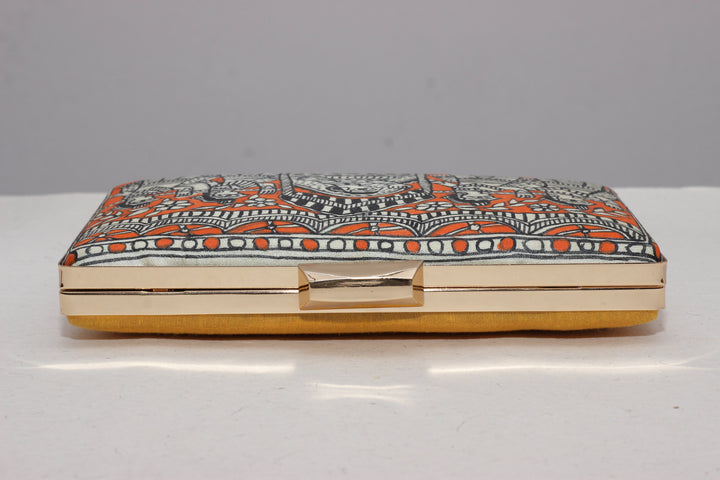 Artisanal Orange Bride in Palanquin Multicolor Madhubani Handpainted Clutch