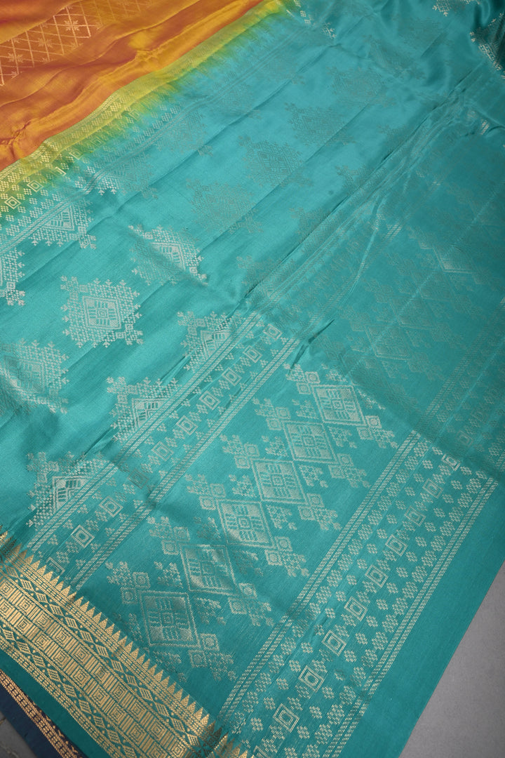 Mustard Yellow Handloom Silk by Tencel Saree with Muted Geometric Vertical Stripes and Contrast Zari Boder | SHOBITAM