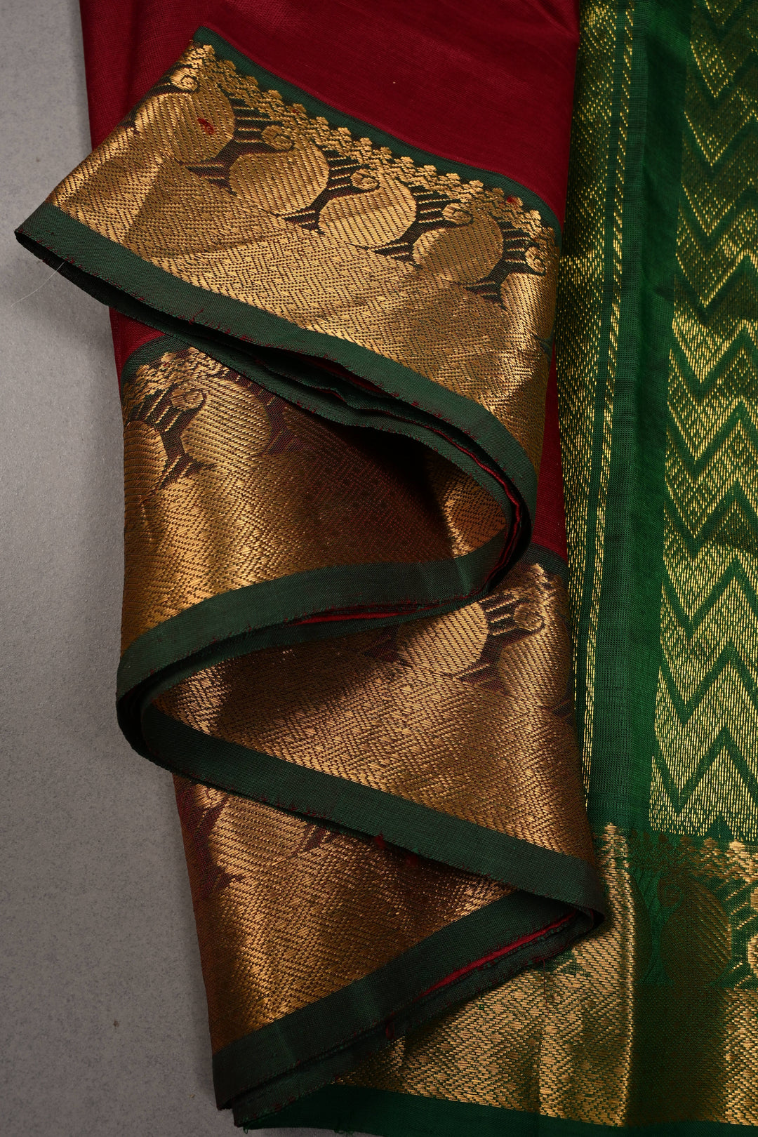 Burgundy Kanchi Silk Cotton 100% Handloom Saree with Parrot Zari Buttas and Contrast Zari Border | SHOBITAM