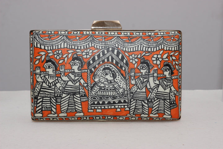 Artisanal Orange Bride in Palanquin Multicolor Madhubani Handpainted Clutch