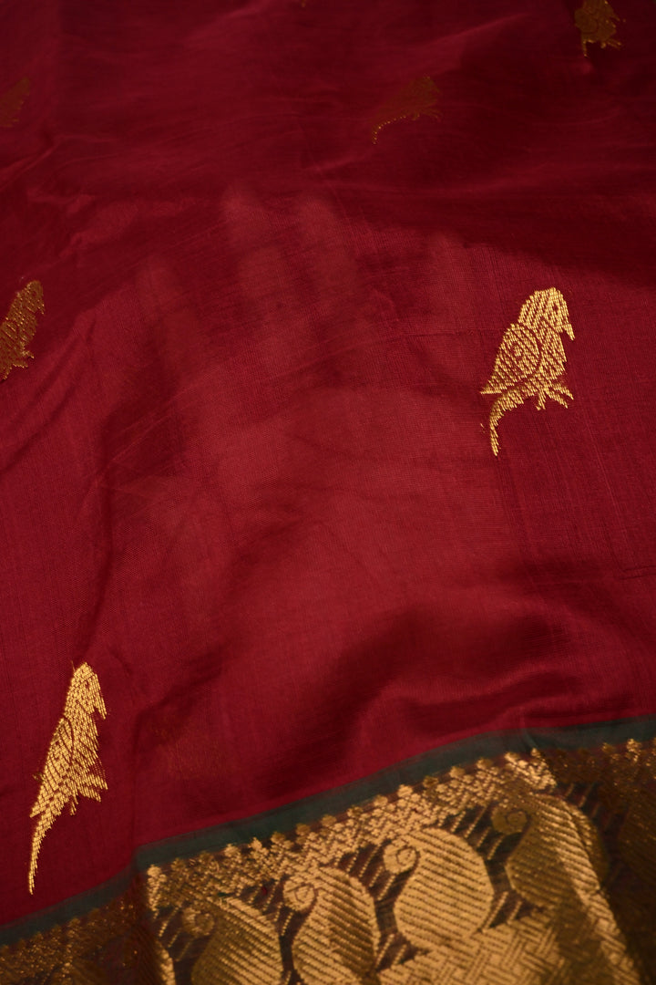 Burgundy Kanchi Silk Cotton 100% Handloom Saree with Parrot Zari Buttas and Contrast Zari Border | SHOBITAM