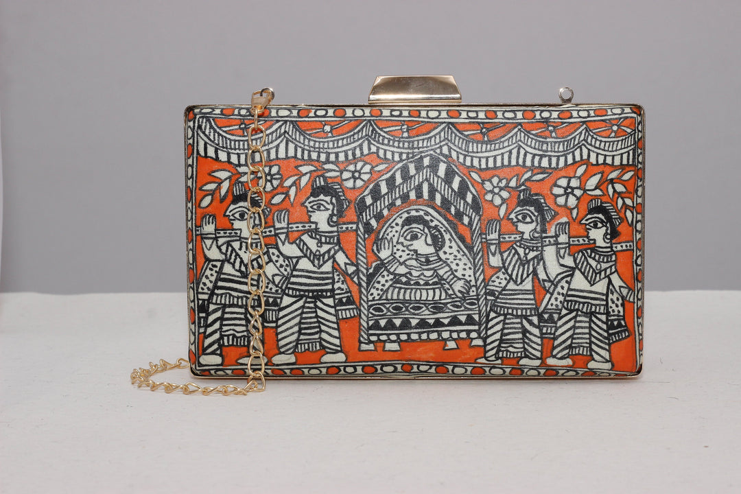 Artisanal Orange Bride in Palanquin Multicolor Madhubani Handpainted Clutch