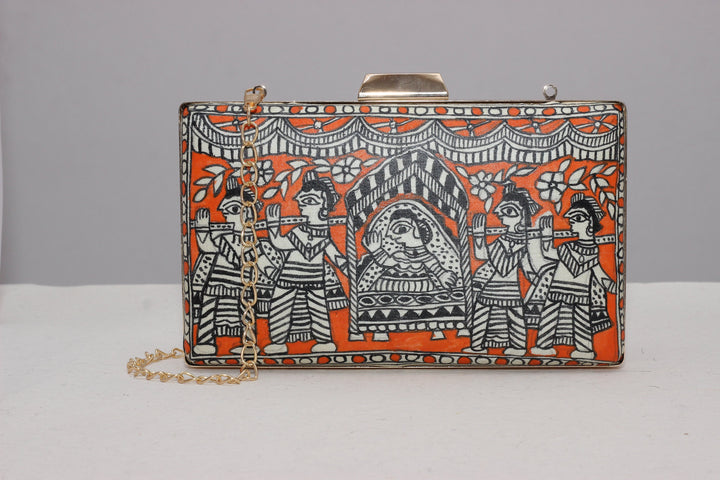 Artisanal Orange Bride in Palanquin Multicolor Madhubani Handpainted Clutch