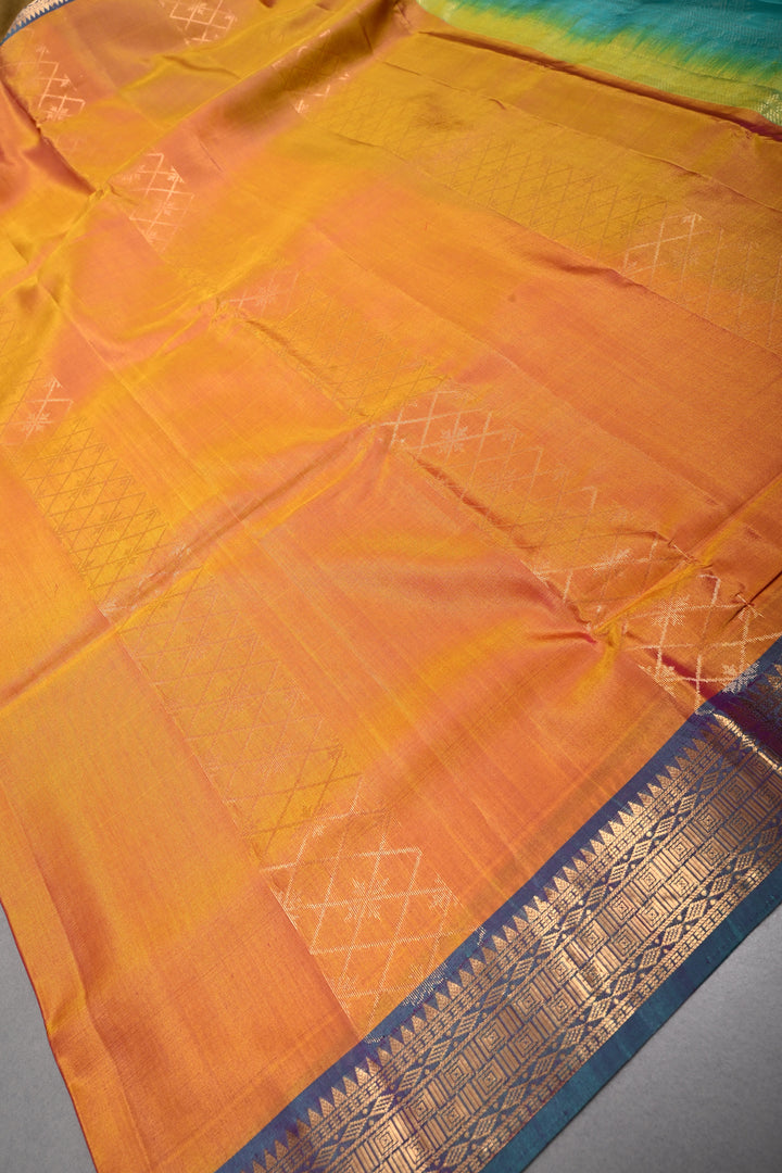 Mustard Yellow Handloom Silk by Tencel Saree with Muted Geometric Vertical Stripes and Contrast Zari Boder | SHOBITAM