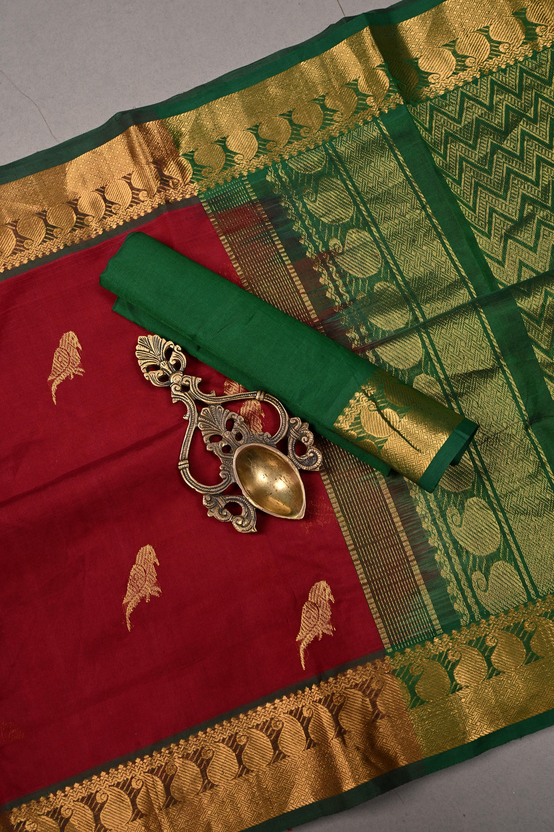 Burgundy Kanchi Silk Cotton 100% Handloom Saree with Parrot Zari Buttas and Contrast Zari Border | SHOBITAM