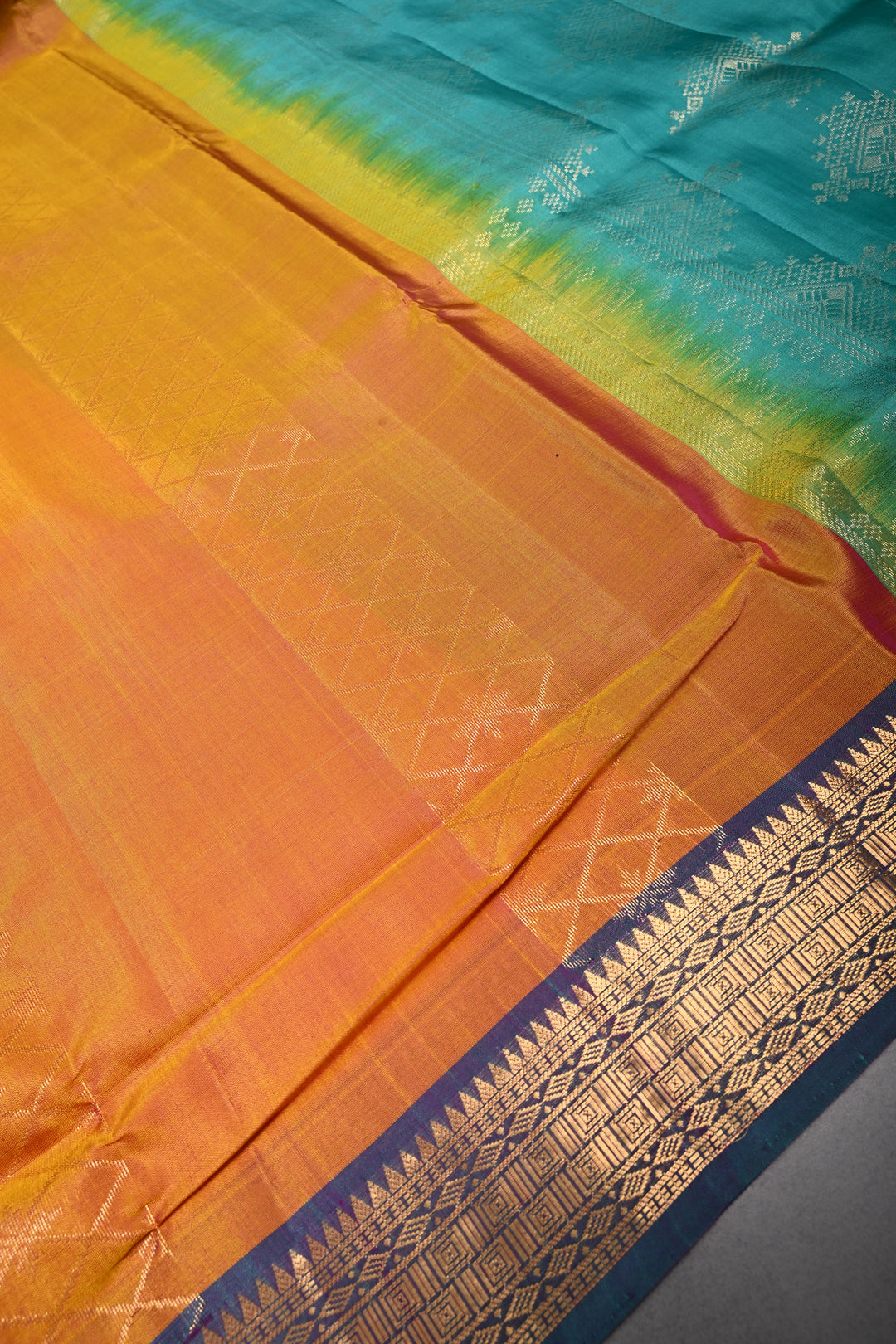 Mustard Yellow Handloom Silk by Tencel Saree with Muted Geometric Vertical Stripes and Contrast Zari Boder | SHOBITAM
