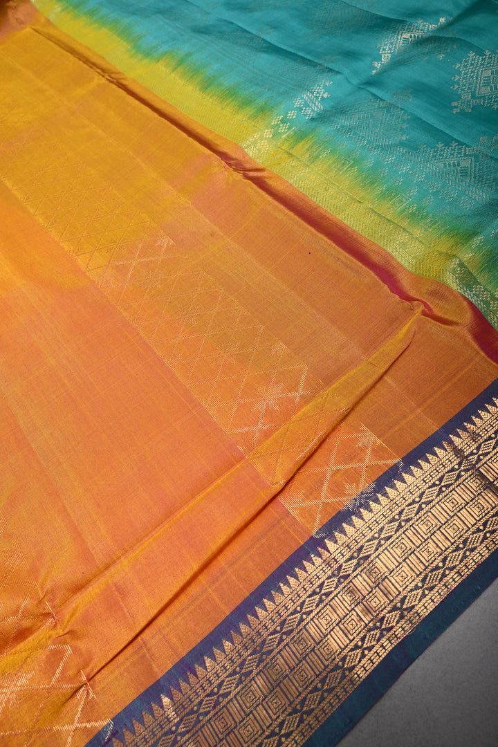 Mustard Yellow Handloom Silk by Tencel Saree with Muted Geometric Vertical Stripes and Contrast Zari Boder | SHOBITAM