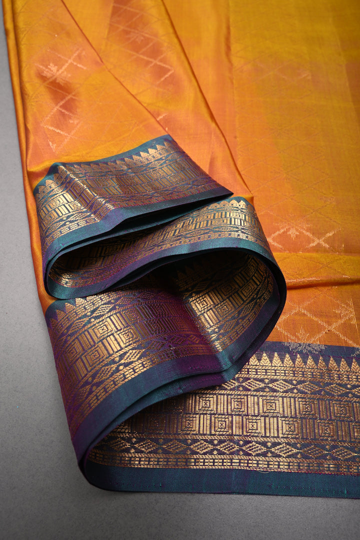Mustard Yellow Handloom Silk by Tencel Saree with Muted Geometric Vertical Stripes and Contrast Zari Boder | SHOBITAM