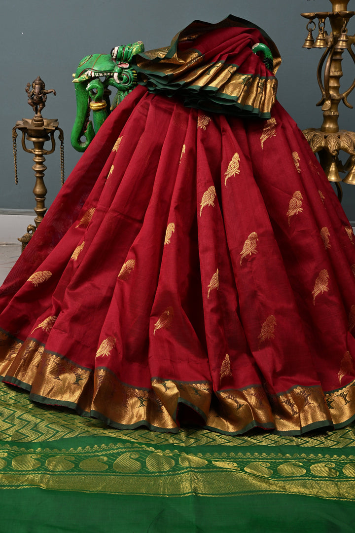 Burgundy Kanchi Silk Cotton 100% Handloom Saree with Parrot Zari Buttas and Contrast Zari Border | SHOBITAM