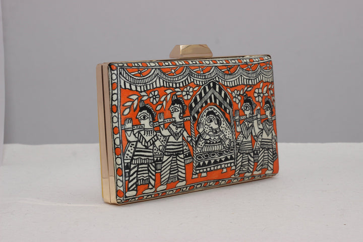 Artisanal Orange Bride in Palanquin Multicolor Madhubani Handpainted Clutch