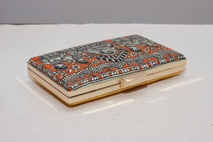 Artisanal Orange Bride in Palanquin Multicolor Madhubani Handpainted Clutch