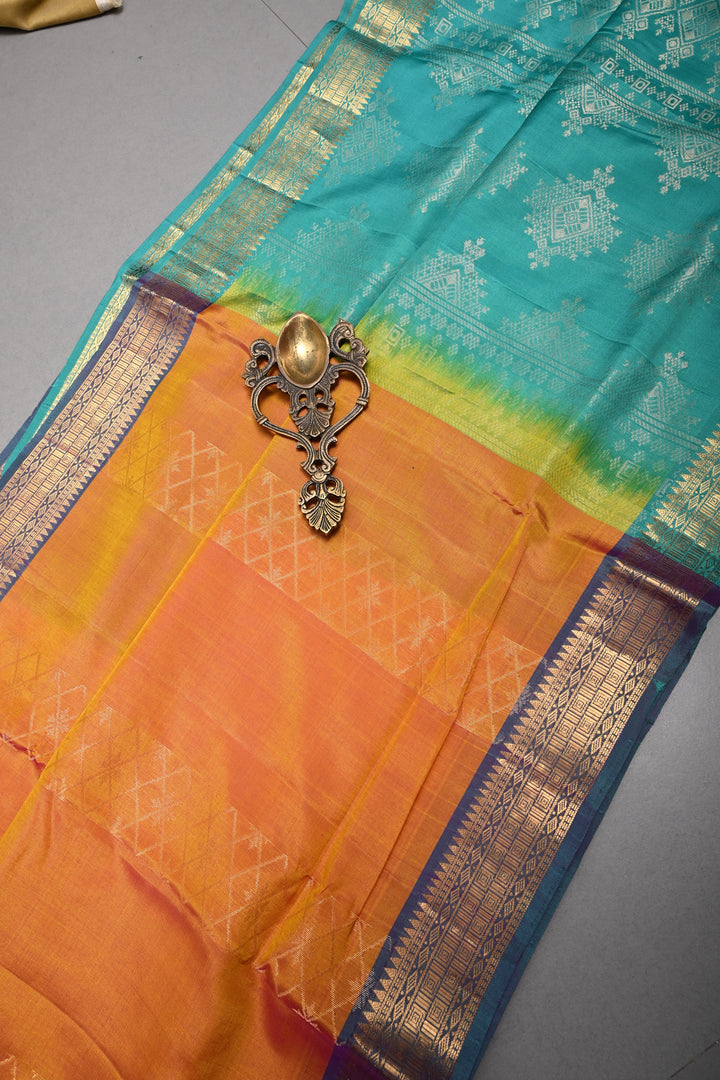 Mustard Yellow Handloom Silk by Tencel Saree with Muted Geometric Vertical Stripes and Contrast Zari Boder | SHOBITAM
