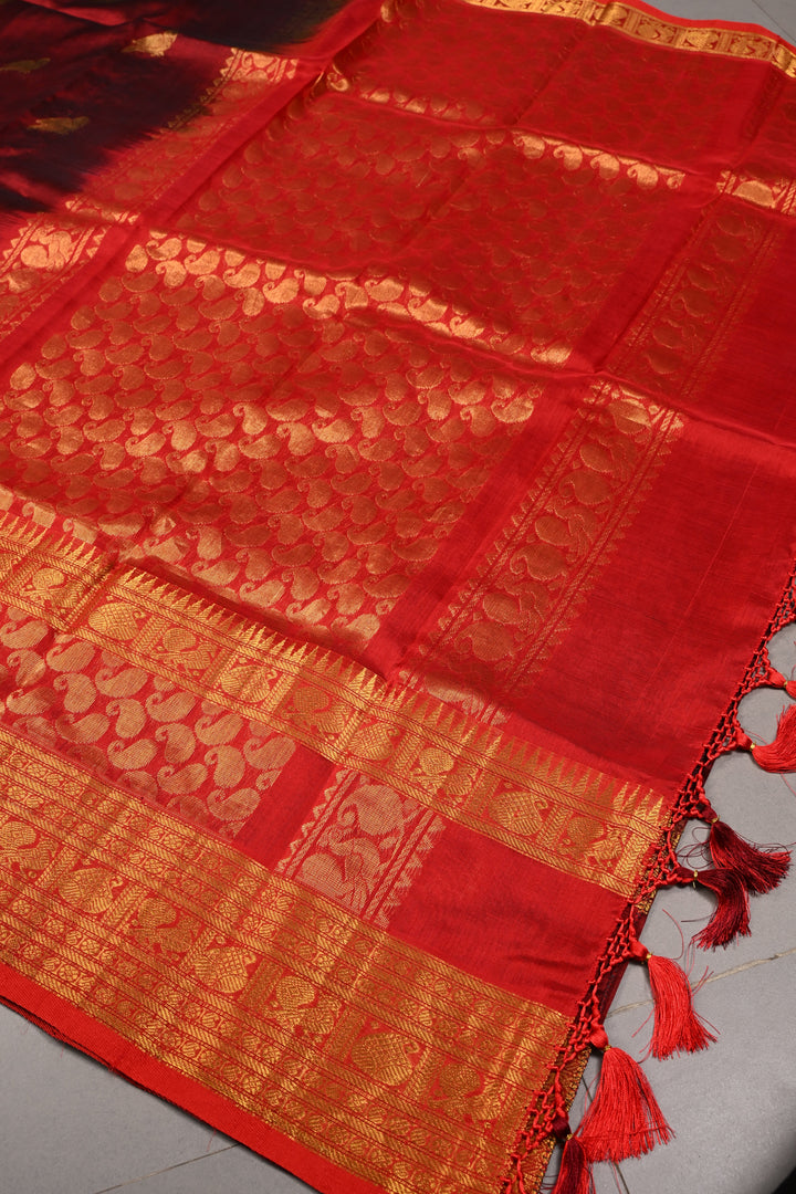 Deep Maroon Kanchi Silk Cotton 100% Handloom Saree with Birds Zari Buttas and Wide Zari Border | SHOBITAM