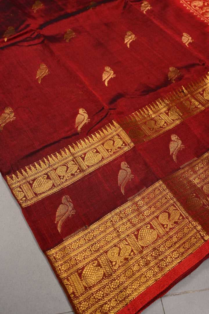Deep Maroon Kanchi Silk Cotton 100% Handloom Saree with Birds Zari Buttas and Wide Zari Border | SHOBITAM