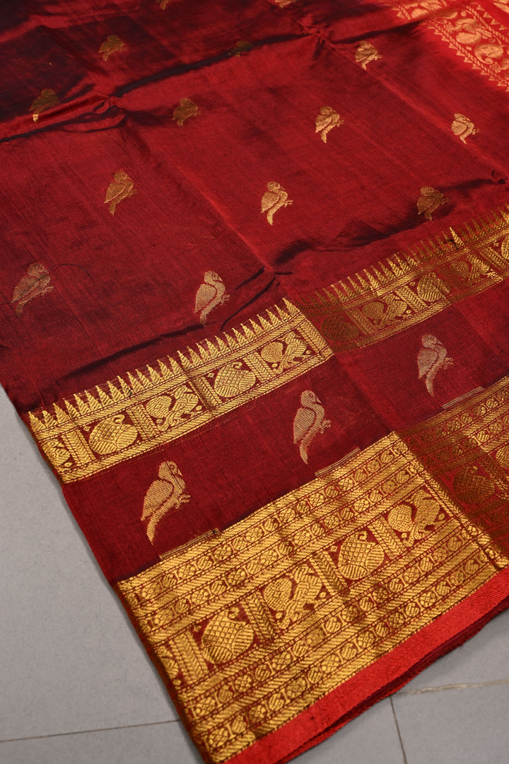 Deep Maroon Kanchi Silk Cotton 100% Handloom Saree with Birds Zari Buttas and Wide Zari Border | SHOBITAM