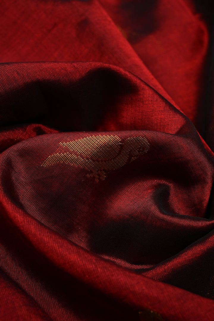 Deep Maroon Kanchi Silk Cotton 100% Handloom Saree with Birds Zari Buttas and Wide Zari Border | SHOBITAM