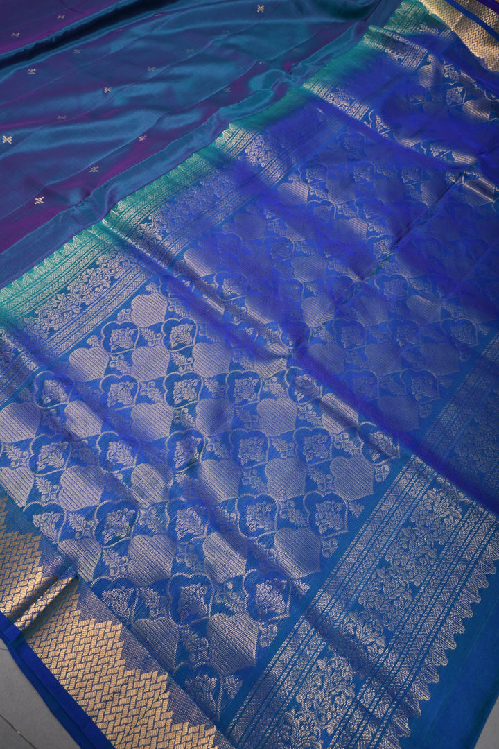 Peacock Blue Dual Tone Handloom Silk By Tencel Saree with Zari Buttas and Self Zari Border| SHOBITAM