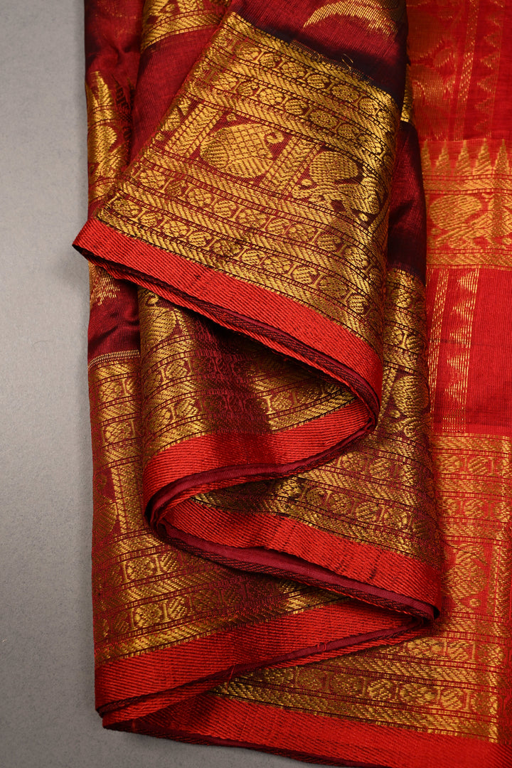 Deep Maroon Kanchi Silk Cotton 100% Handloom Saree with Birds Zari Buttas and Wide Zari Border | SHOBITAM