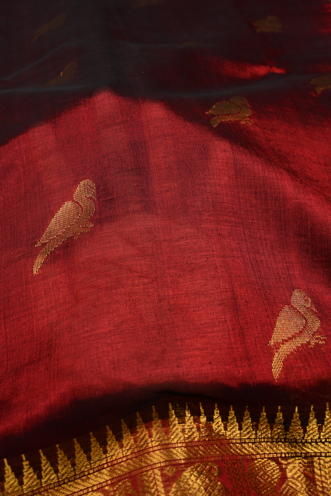 Deep Maroon Kanchi Silk Cotton 100% Handloom Saree with Birds Zari Buttas and Wide Zari Border | SHOBITAM
