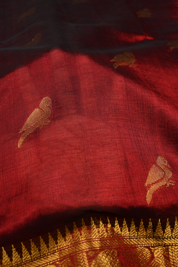 Deep Maroon Kanchi Silk Cotton 100% Handloom Saree with Birds Zari Buttas and Wide Zari Border | SHOBITAM