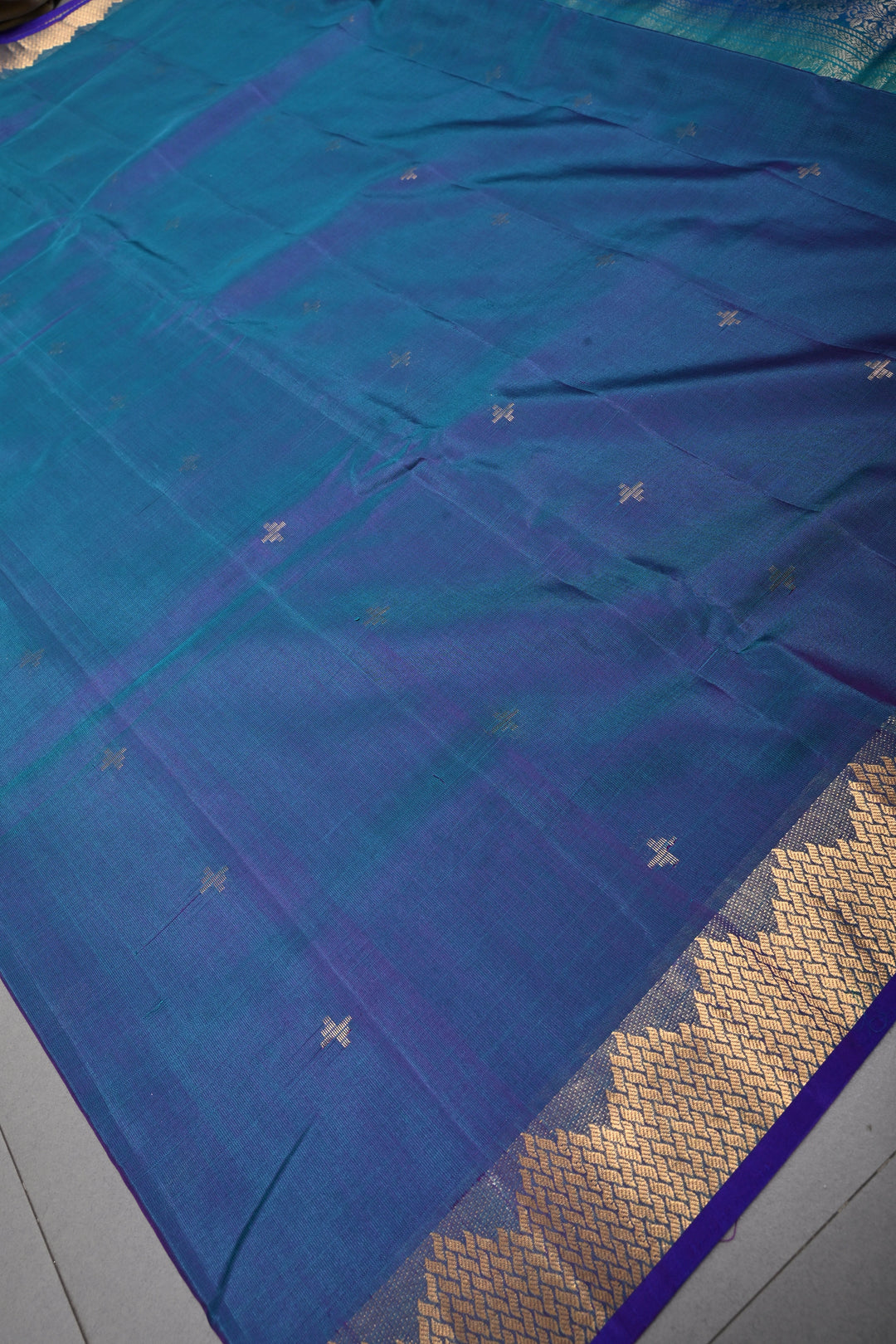 Peacock Blue Dual Tone Handloom Silk By Tencel Saree with Zari Buttas and Self Zari Border| SHOBITAM