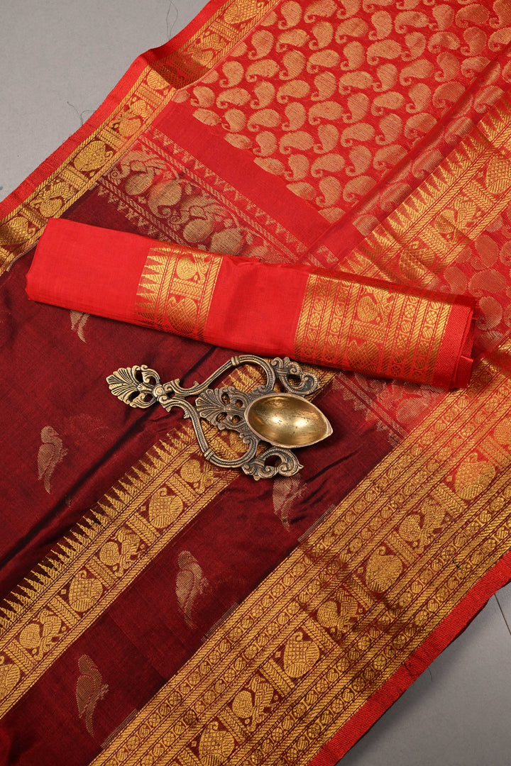 Deep Maroon Kanchi Silk Cotton 100% Handloom Saree with Birds Zari Buttas and Wide Zari Border | SHOBITAM
