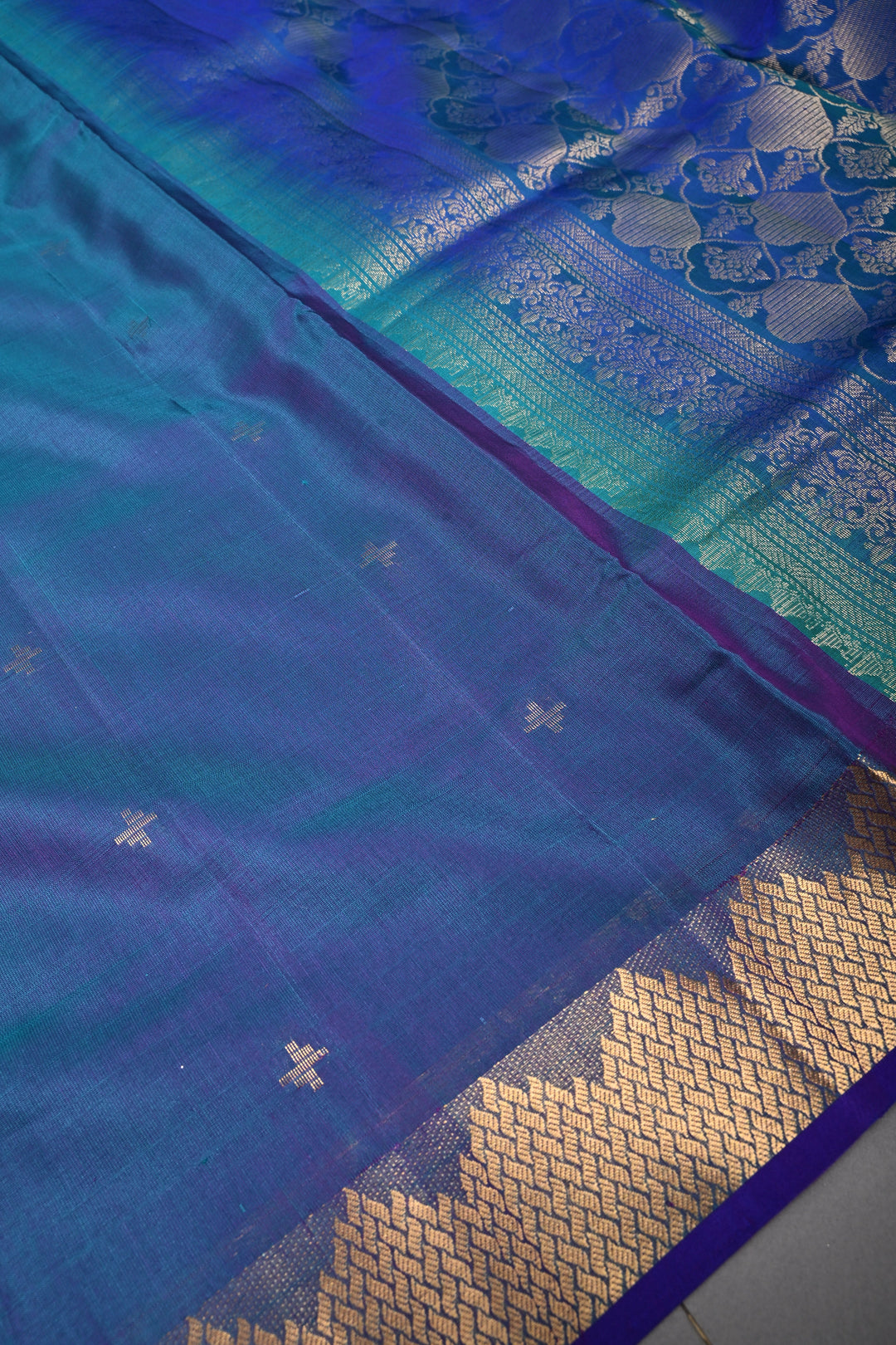 Peacock Blue Dual Tone Handloom Silk By Tencel Saree with Zari Buttas and Self Zari Border| SHOBITAM