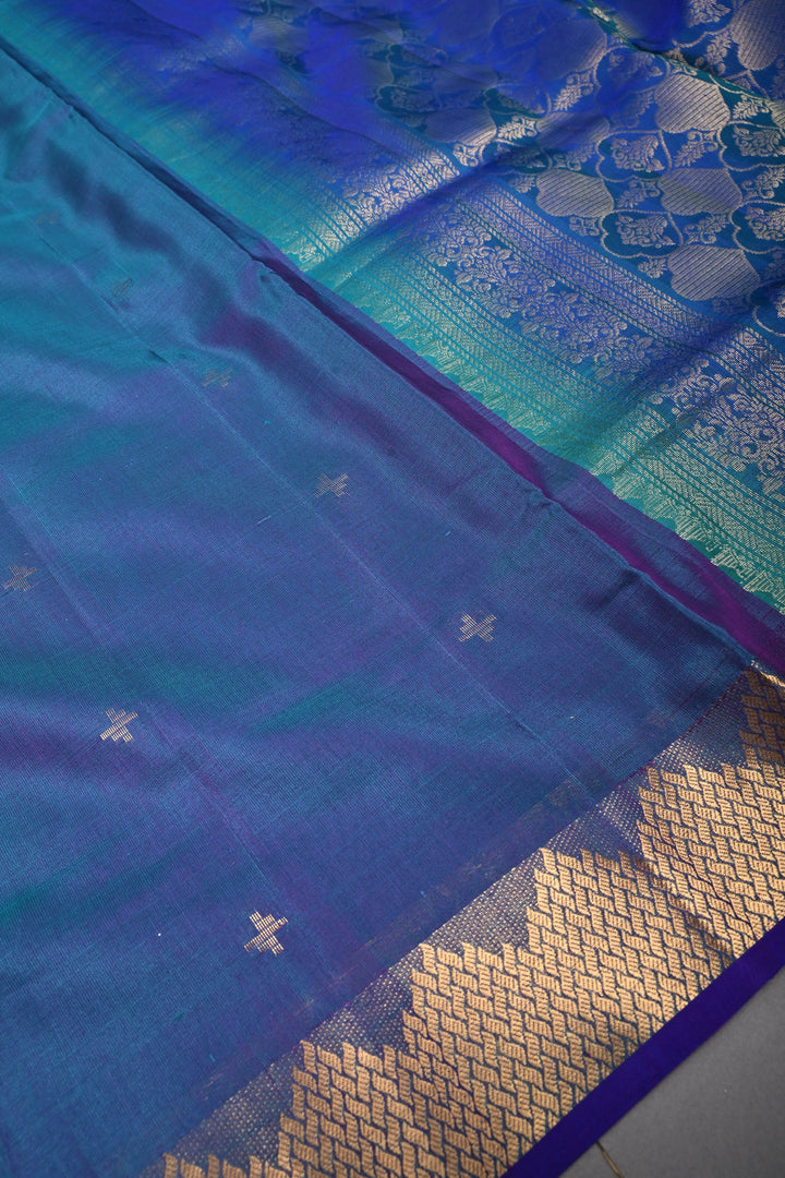 Peacock Blue Dual Tone Handloom Silk By Tencel Saree with Zari Buttas and Self Zari Border| SHOBITAM