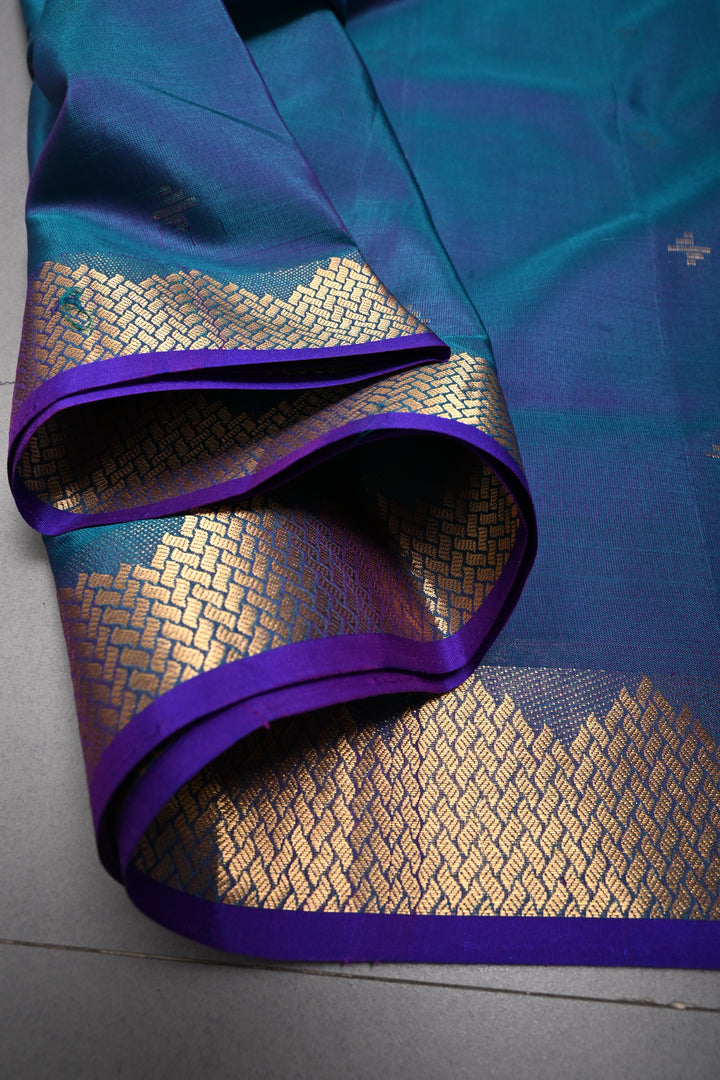 Peacock Blue Dual Tone Handloom Silk By Tencel Saree with Zari Buttas and Self Zari Border| SHOBITAM