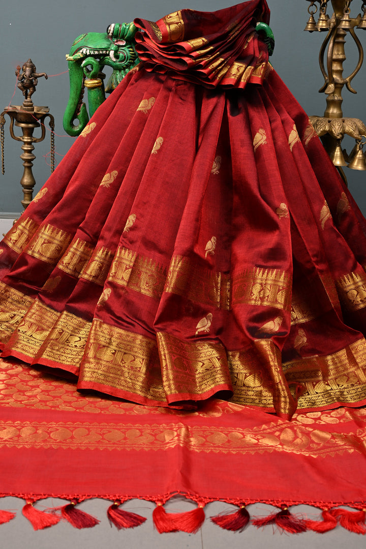 Deep Maroon Kanchi Silk Cotton 100% Handloom Saree with Birds Zari Buttas and Wide Zari Border | SHOBITAM