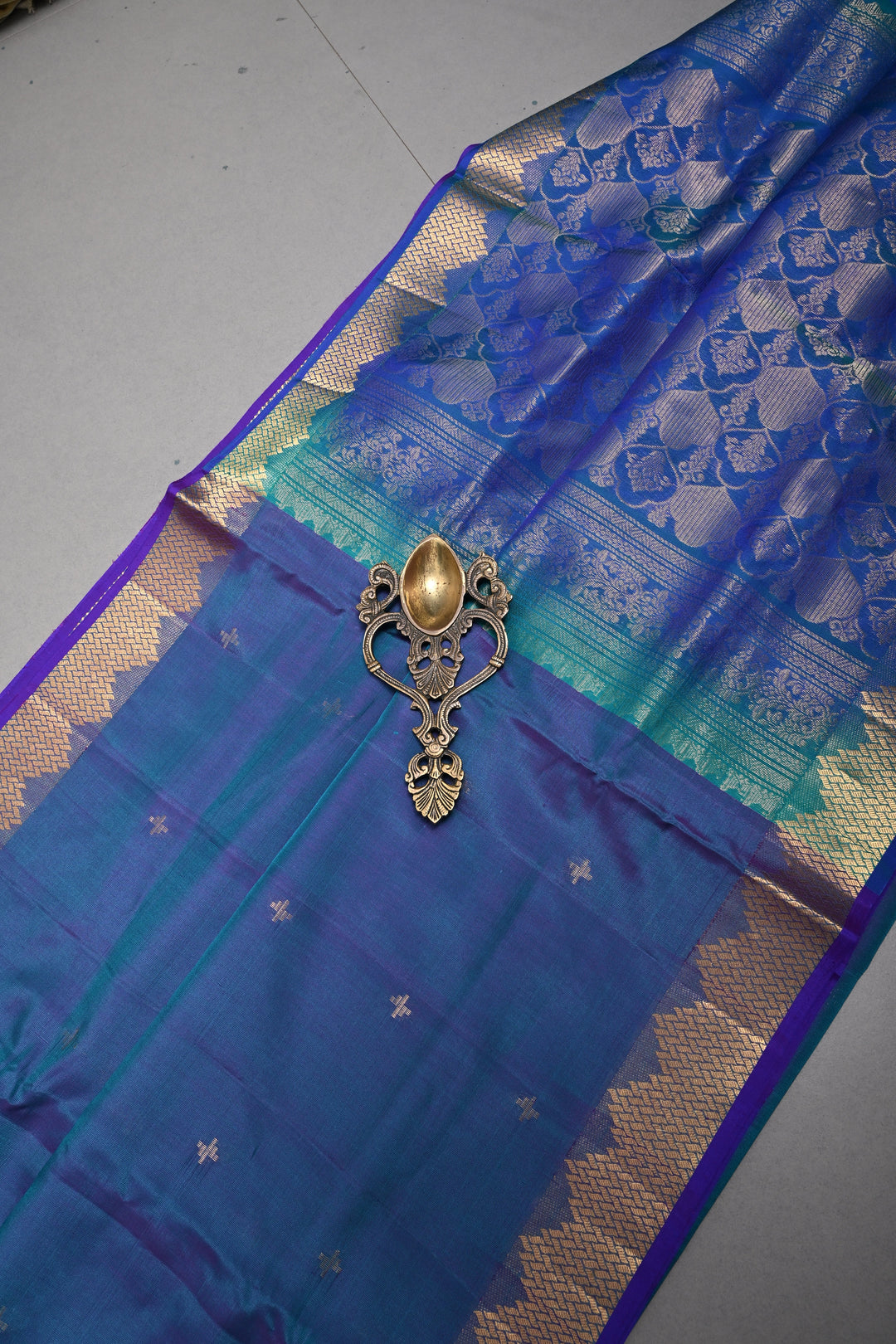 Peacock Blue Dual Tone Handloom Silk By Tencel Saree with Zari Buttas and Self Zari Border| SHOBITAM