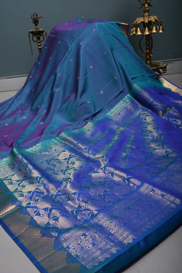 Peacock Blue Dual Tone Handloom Silk By Tencel Saree with Zari Buttas and Self Zari Border| SHOBITAM