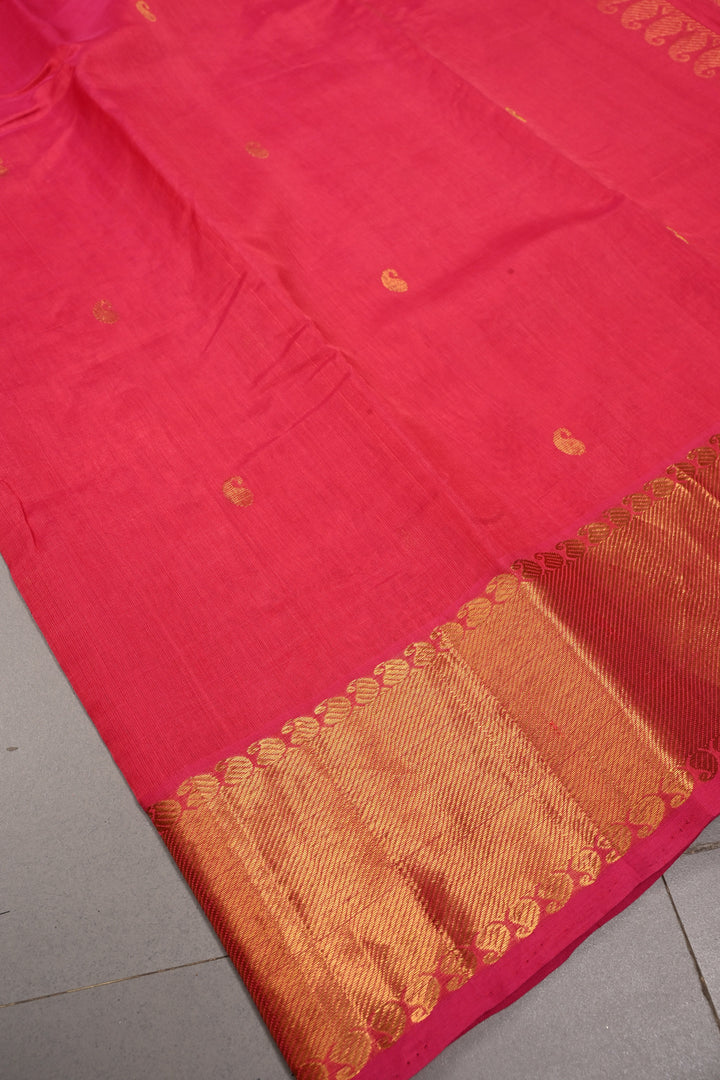 French Rose Kanchi Silk Cotton 100% Handloom Saree with Paisley Zari Buttas and Zari Border | SHOBITAM