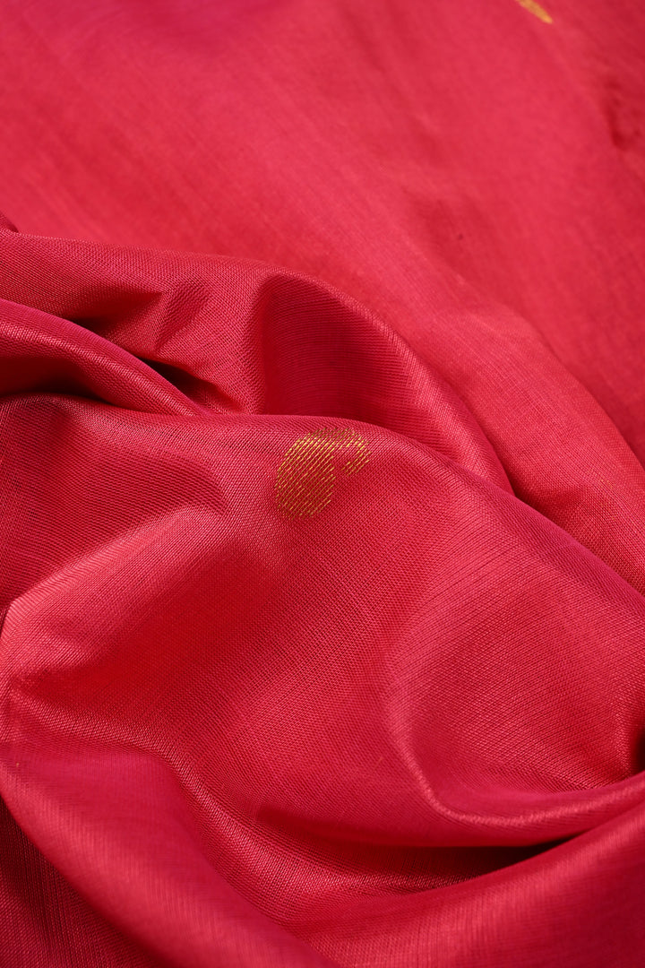 French Rose Kanchi Silk Cotton 100% Handloom Saree with Paisley Zari Buttas and Zari Border | SHOBITAM