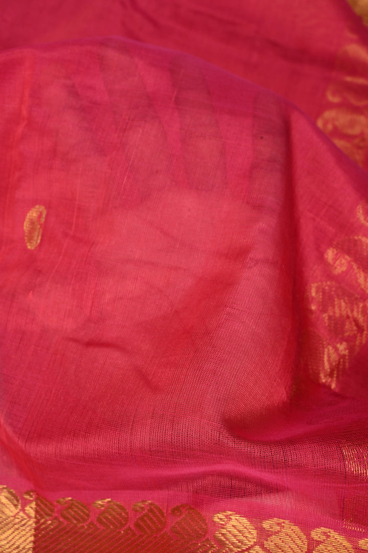 French Rose Kanchi Silk Cotton 100% Handloom Saree with Paisley Zari Buttas and Zari Border | SHOBITAM