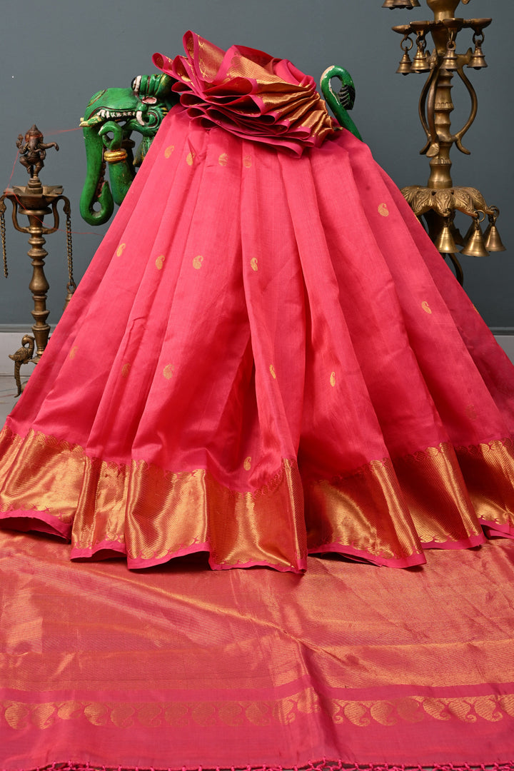 French Rose Kanchi Silk Cotton 100% Handloom Saree with Paisley Zari Buttas and Zari Border | SHOBITAM