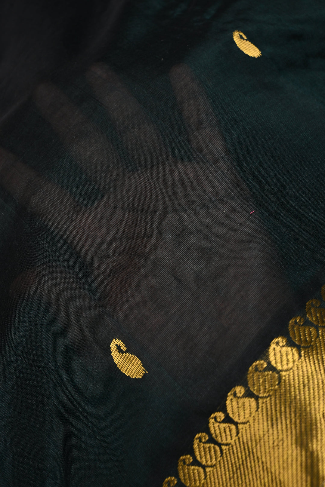 Dark Hunter Green Kanchi Silk Cotton 100% Handloom Saree with Paisley Zari Buttas and Zari Border | SHOBITAM