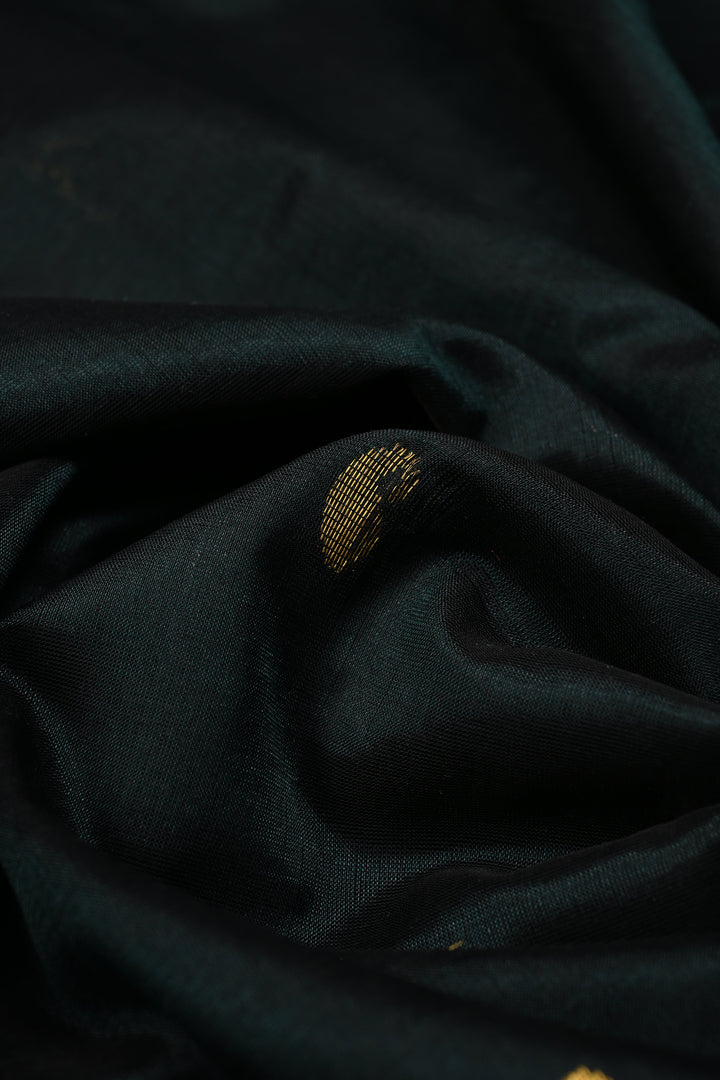Dark Hunter Green Kanchi Silk Cotton 100% Handloom Saree with Paisley Zari Buttas and Zari Border | SHOBITAM