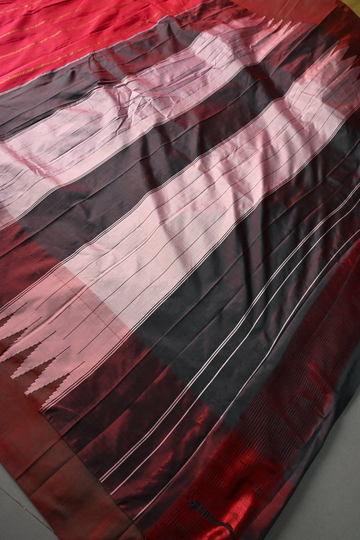 Rani Pink Ilkal Weave Art Silk Bagalkote Saree with Zari Veldhari Horizontal Stripes and Contrast Temple Border | SHOBITAM