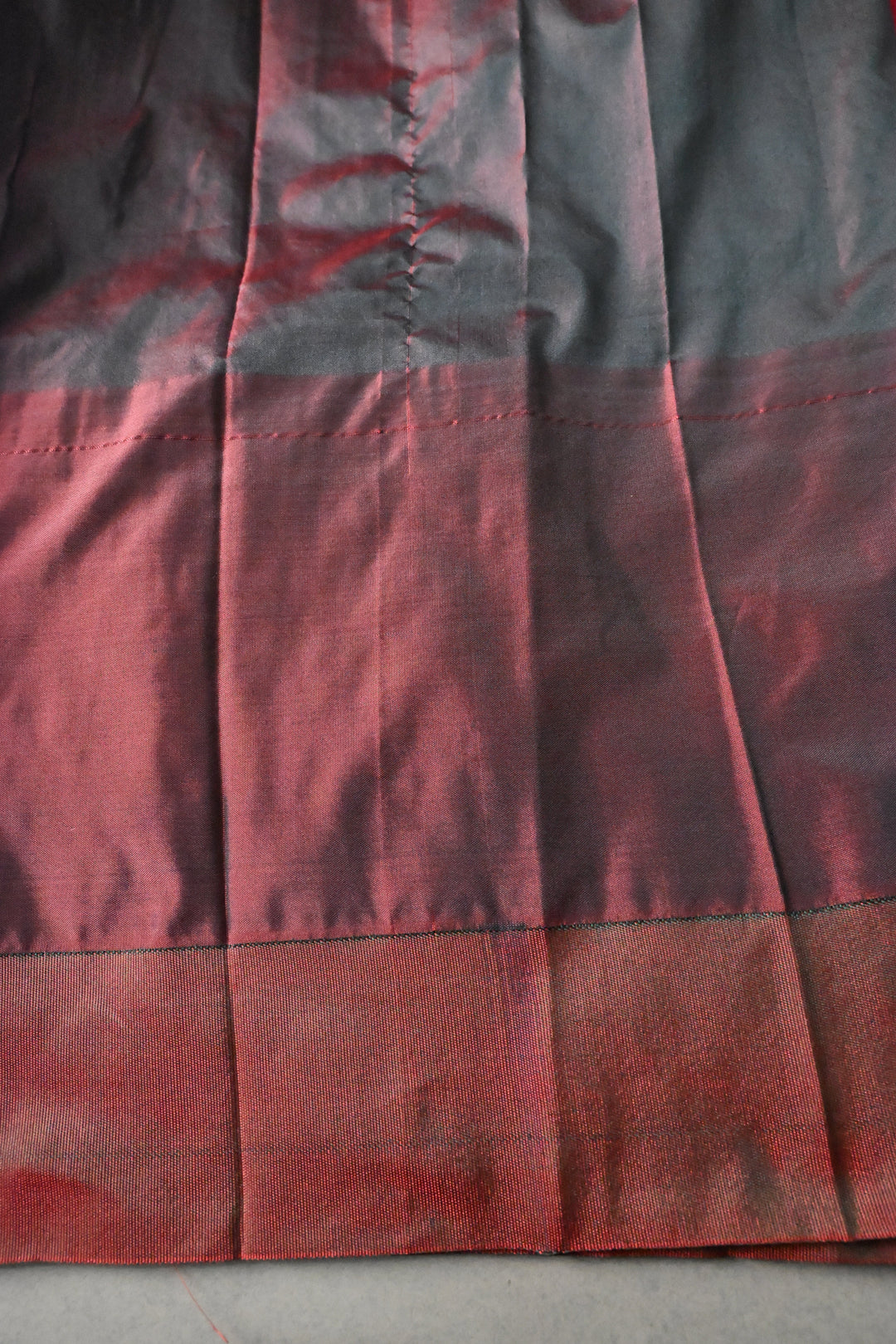 Rani Pink Ilkal Weave Art Silk Bagalkote Saree with Zari Veldhari Horizontal Stripes and Contrast Temple Border | SHOBITAM