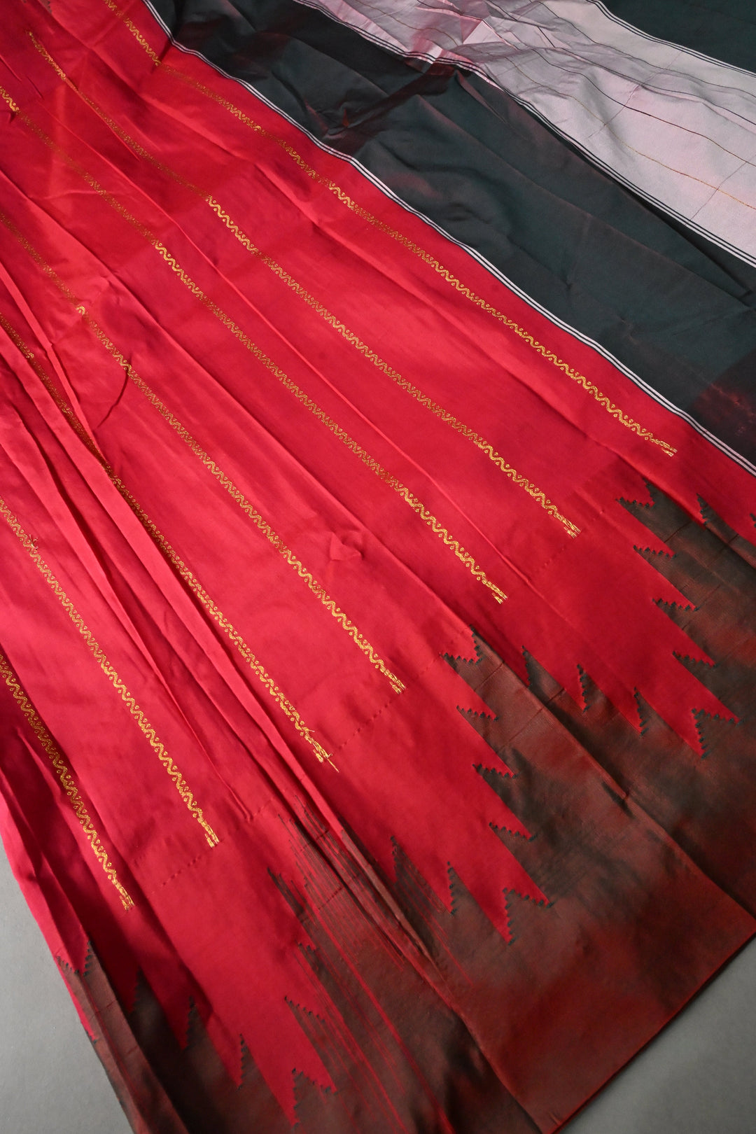 Rani Pink Ilkal Weave Art Silk Bagalkote Saree with Zari Veldhari Horizontal Stripes and Contrast Temple Border | SHOBITAM