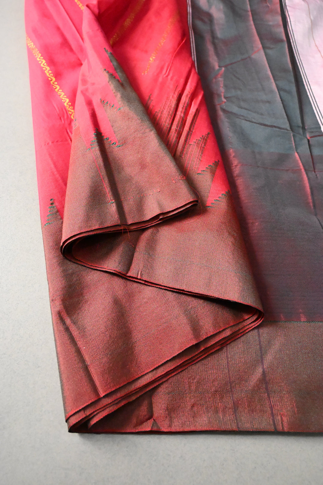 Rani Pink Ilkal Weave Art Silk Bagalkote Saree with Zari Veldhari Horizontal Stripes and Contrast Temple Border | SHOBITAM