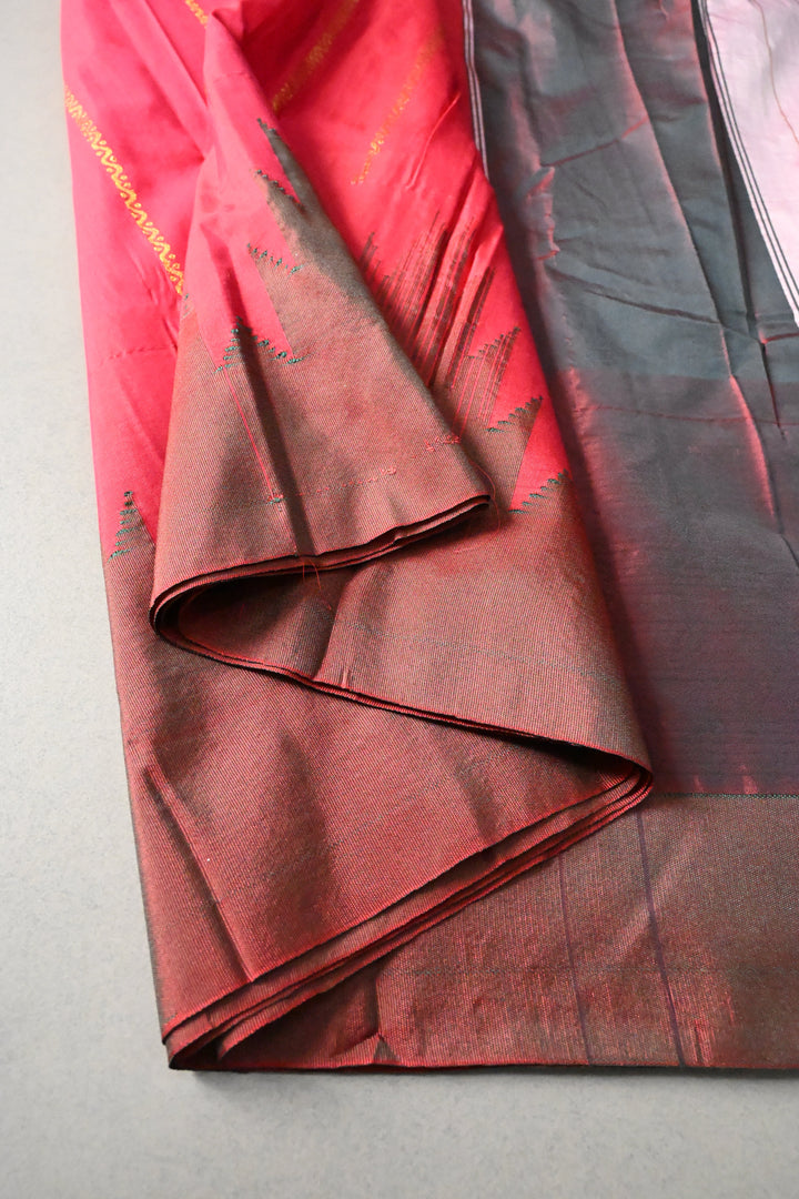 Rani Pink Ilkal Weave Art Silk Bagalkote Saree with Zari Veldhari Horizontal Stripes and Contrast Temple Border | SHOBITAM