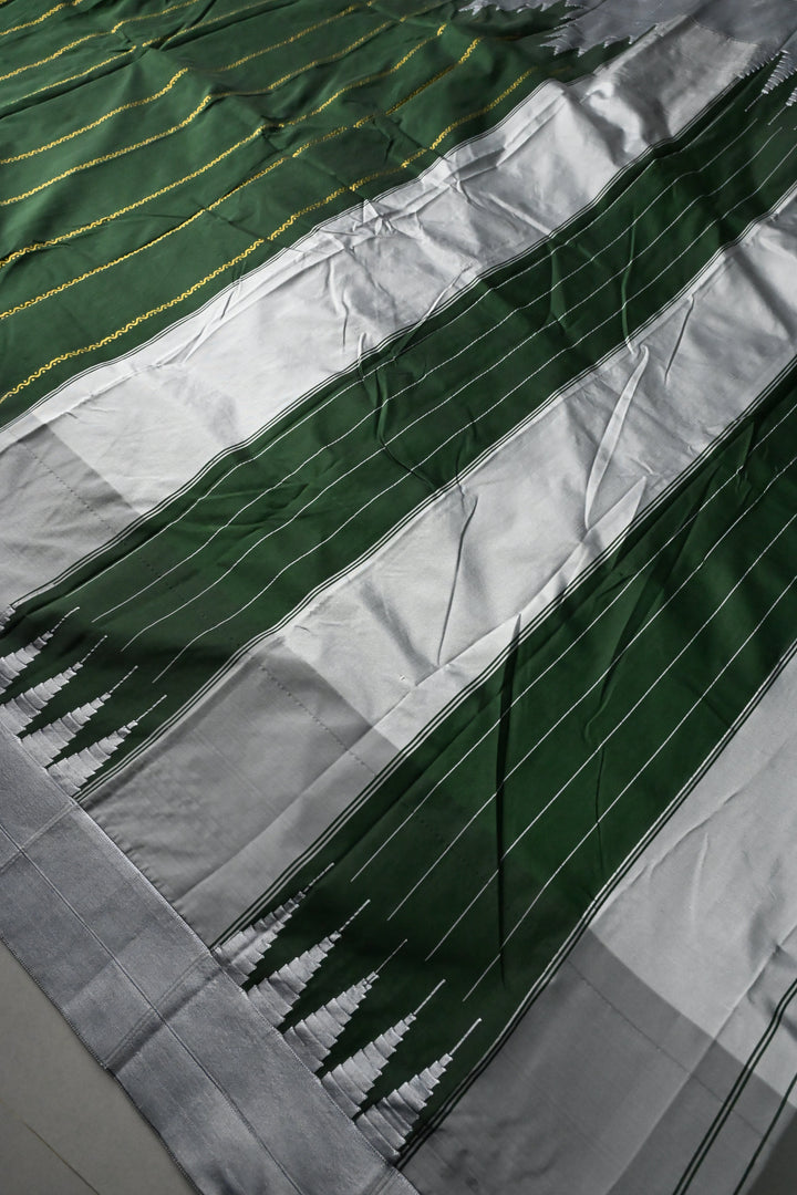 Dark Green Ilkal Weave Art Silk Bagalkote Saree with Zari Veldhari Horizontal Stripes and Contrast Temple Border | SHOBITAM