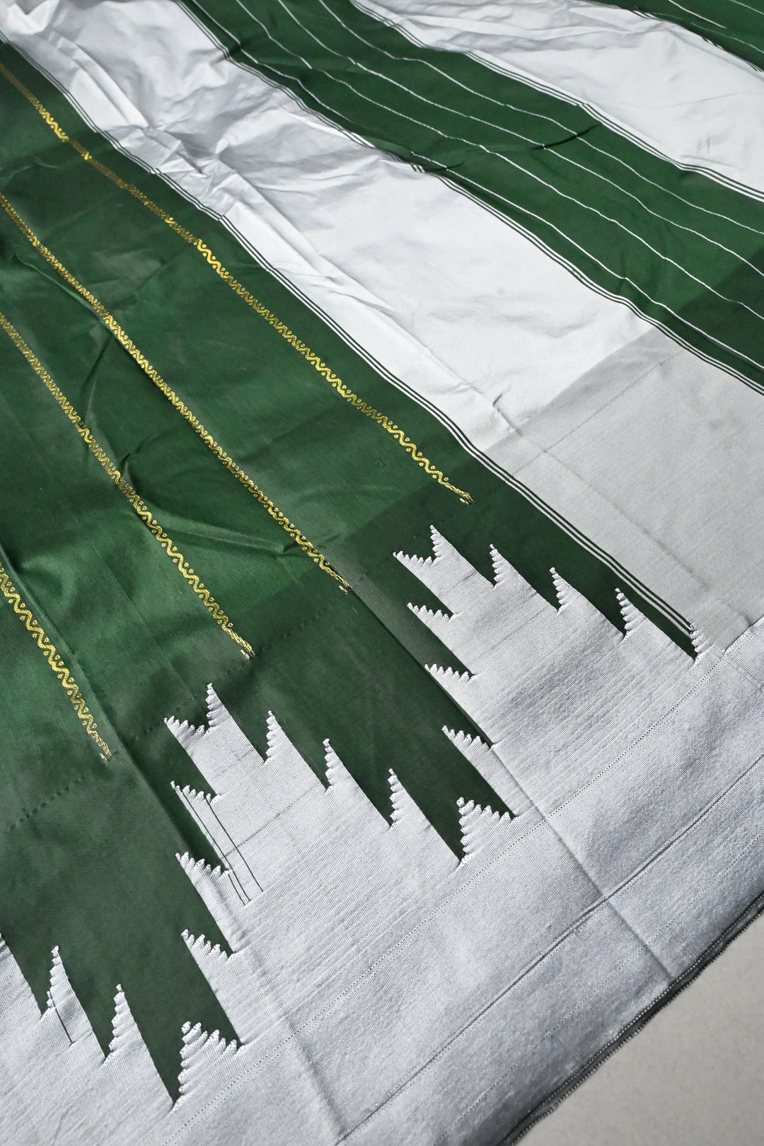Dark Green Ilkal Weave Art Silk Bagalkote Saree with Zari Veldhari Horizontal Stripes and Contrast Temple Border | SHOBITAM