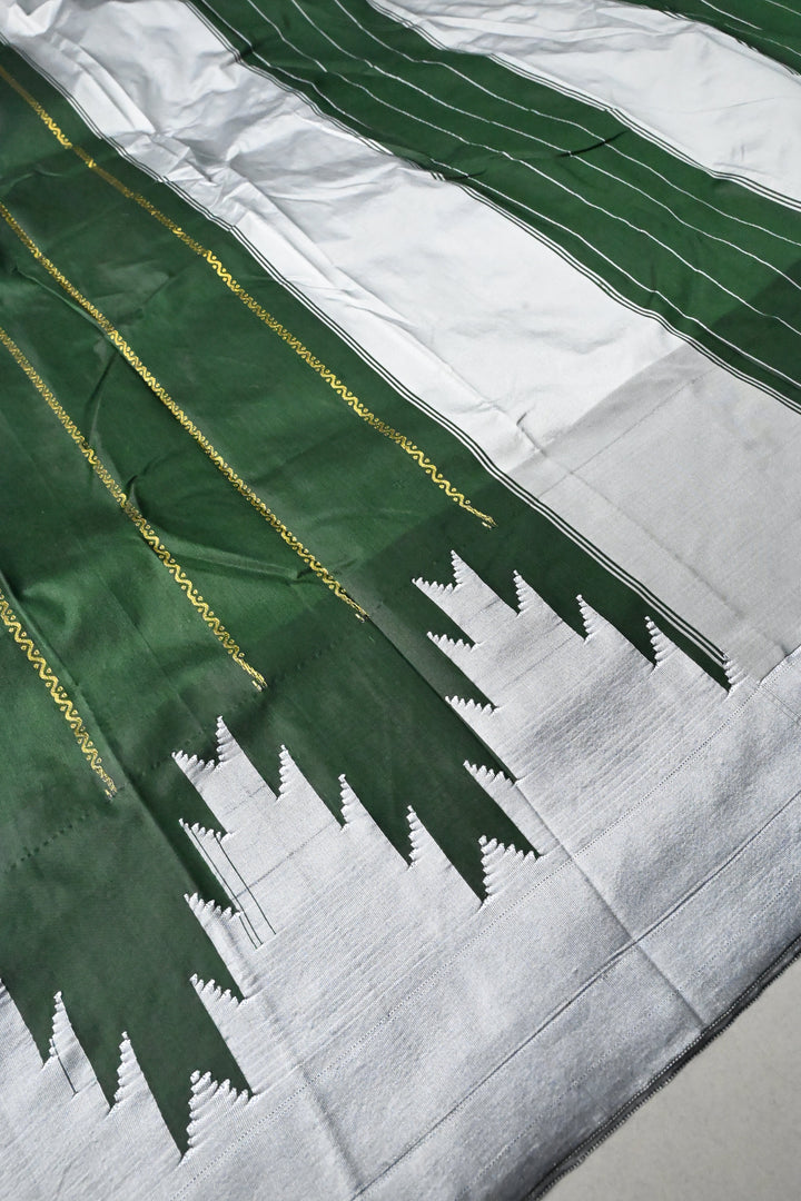 Dark Green Ilkal Weave Art Silk Bagalkote Saree with Zari Veldhari Horizontal Stripes and Contrast Temple Border | SHOBITAM