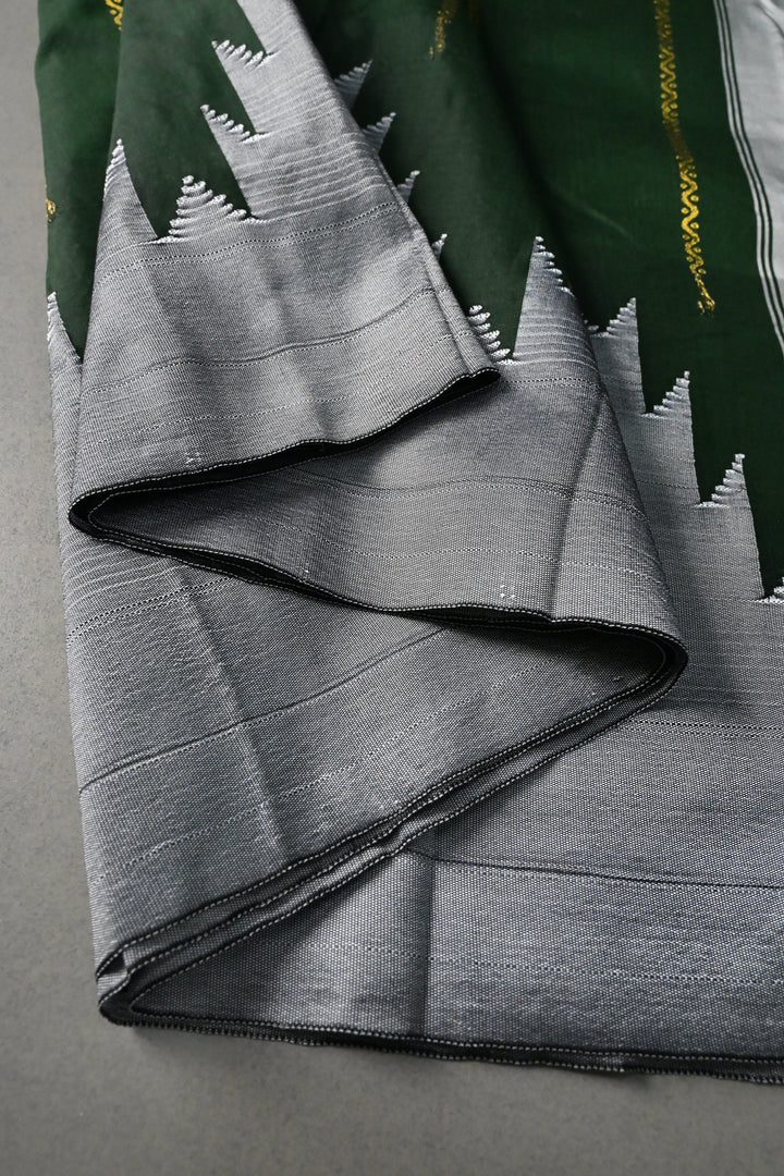 Dark Green Ilkal Weave Art Silk Bagalkote Saree with Zari Veldhari Horizontal Stripes and Contrast Temple Border | SHOBITAM