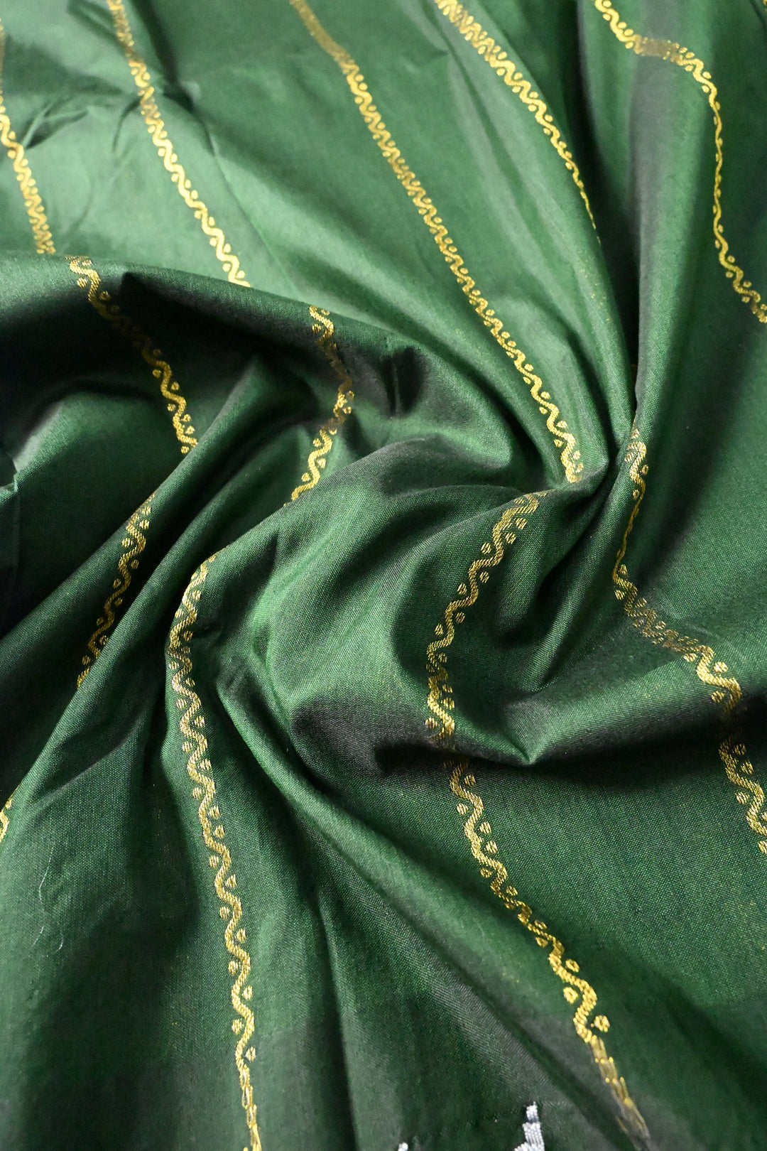 Dark Green Ilkal Weave Art Silk Bagalkote Saree with Zari Veldhari Horizontal Stripes and Contrast Temple Border | SHOBITAM